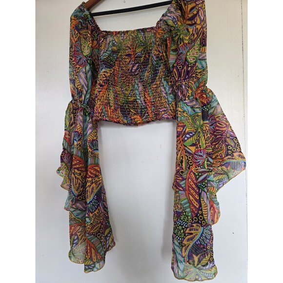 Live 4 Truth Blouse Womens M Boho Bell Sleeve Crop Smocked Colorful Indie Hippie - Picture 3 of 9